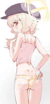 1girl absurdres adjusting_clothes adjusting_panties animal_print_panties aoba_(blue_archive) arm_behind_back ass back bare_arms bare_legs bare_shoulders blonde_hair blue_archive blush camisole closed_mouth cowboy_shot crop_top dimples_of_venus from_behind gradient_background grey_background grey_hat hair_over_shoulder halo halo_behind_head hand_up hashtag-only_commentary hat highres loli long_hair looking_at_viewer looking_back median_furrow newsboy_cap okottaroba panties peaked_cap print_panties profile red_eyes shiny_skin sideways_glance simple_background sketch solo spaghetti_strap standing sweat sweatdrop tareme thigh_gap thighs underwear underwear_only white_background white_camisole yellow_halo yellow_panties