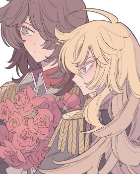 1boy 1girl andre_grandier black_jacket blonde_hair blue_eyes bouquet brown_hair closed_mouth epaulettes flower grey_eyes hair_between_eyes hair_over_one_eye highres jacket long_hair looking_to_the_side meremero oscar_francois_de_jarjayes profile red_flower red_rose rose simple_background smile upper_body versailles_no_bara white_background