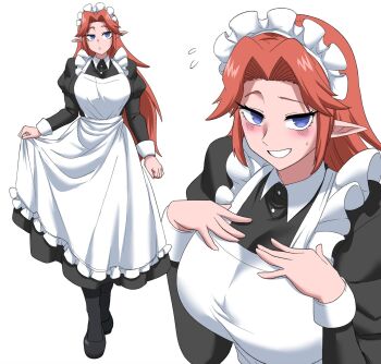 Rule 34 | 1girl, alternate costume, apron, black dress, black leggings, black shoes, blue eyes, blush, breasts, clenched hand, clothes lift, commentary, cremia, curtained hair, dress, dress lift, enmaided, flying sweatdrops, grin, highres, juliet sleeves, large breasts, leggings, long hair, long sleeves, maid, maid apron, maid headdress, multiple views, nasu (ilo a5), nervous smile, nintendo, orange hair, parted lips, pointy ears, puffy sleeves, raised eyebrows, shoes, smile, sweatdrop, the legend of zelda, the legend of zelda: majora's mask, white apron, white wrist cuffs, wrist cuffs