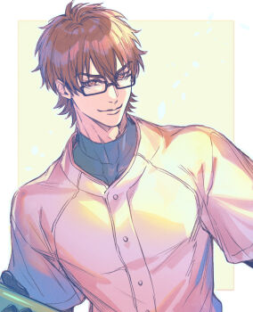 Rule 34 | 1boy, ace of diamond, baseball jersey, baseball uniform, border, brown eyes, brown hair, buttons, closed mouth, commentary request, compression shirt, glasses, hair between eyes, jersey, male focus, miyuki kazuya, outside border, rectangular eyewear, renorenoko, short hair, smile, solo, sportswear, upper body, v-shaped eyebrows, white border