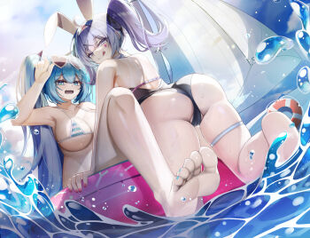 Rule 34 | 2girls, :q, absurdres, animal ears, aqua eyes, aqua hair, aqua nails, ass, barefoot, bikini, blush, boat, breasts, commentary, dual persona, eyelashes, eyewear on head, facial mark, feet, fingernails, hatsune miku, heart, heart-shaped eyewear, highres, inflatable raft, lifebuoy, long hair, looking back, multiple girls, nail polish, open mouth, rabbit ears, rabbit hole (vocaloid), sailboat, smile, soles, splashing, striped bikini, striped clothes, sunglasses, swim ring, swimsuit, teardrop facial mark, thighs, toenail polish, toenails, toes, tongue, tongue out, twintails, vocaloid, water, water drop, watercraft, wet, xmxing