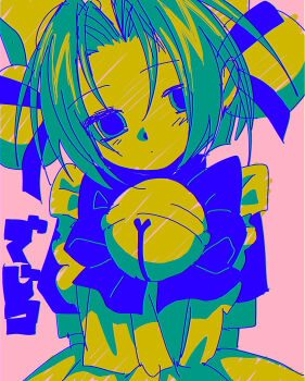 Rule 34 | 1girl, absurdres, bell, character name, closed mouth, dejiko, di gi charat, expressionless, green eyes, green hair, hair bell, hair ornament, highres, limited palette, looking at viewer, maid, menma (enaic31), neck bell, parted bangs, pink background, short hair, short sleeves, simple background, solo, translated