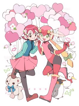 2girls absurdres aqua_shirt balloon black_bodysuit blonde_hair blue_vest bodysuit brown_eyes full_body green_eyes heart_balloon helmet highres leotard long_hair mayl_sakurai_(mega_man) mega_man_(series) mega_man_battle_network_(series) multiple_girls netnavi pink_helmet pink_leotard pink_skirt red_hair roll.exe_(mega_man) shirt short_hair simple_background skirt stuffed_animal stuffed_duck stuffed_toy teddy_bear vest white_background yukikokoro