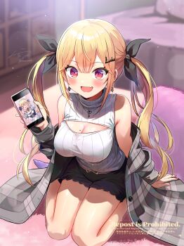 1girl :d arisugawa_ruru armpit_crease bare_shoulders bed black_ribbon black_shorts blonde_hair blush breasts buttons cellphone cleavage cleavage_cutout clothing_cutout commentary_request commission cushion double-parted_bangs earrings emerane fang full_body grey_jacket grey_sweater gyaru hair_ribbon heart heart_in_eye highres holding holding_phone indoors jacket jacket_partially_removed jewelry key key_necklace large_breasts lens_flare light_particles long_sleeves looking_at_viewer loose_hair_strand mole mole_on_breast nail_polish name_tag_hair_ornament necklace on_floor oniichan_continue! open_mouth phone pink_nails plaid_clothes plaid_jacket red_eyes ribbon rug short_shorts shorts sitting skeb_commission sleeveless sleeveless_sweater smartphone smile socks solo sweater symbol_in_eye twintails twitter_username wariza watermark