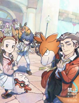 Rule 34 | 4boys, 5girls, absurdres, arm behind back, bandaid, bandaid on face, blonde hair, blue hair, brown eyes, brown hair, camerupt, clenched hand, commentary request, forretress, gen 2 pokemon, gen 3 pokemon, gen 5 pokemon, gladion (academy) (pokemon), gladion (pokemon), glasses, grey hair, hedihog, highres, hugh (academy) (pokemon), hugh (pokemon), iris (academy) (pokemon), iris (pokemon), jacket, jacq (pokemon), jasmine (academy) (pokemon), jasmine (pokemon), kabu (academy) (pokemon), kabu (pokemon), lab coat, looking at viewer, miriam (pokemon), multiple boys, multiple girls, necktie, nintendo, official alternate costume, open mouth, pignite, pink hair, pokemon, pokemon (creature), pokemon masters ex, pokemon sv, purple hair, red jacket, red ribbon, ribbon, rosa (academy) (pokemon), rosa (pokemon), school uniform, spiked hair, standing, watermark, yellow necktie