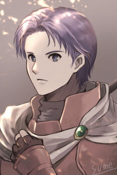 Rule 34 | 1boy, armor, artist name, cape, fingerless gloves, gem, gloves, kreiss (tear ring saga), non-web source, purple eyes, purple hair, solo, sparkle, sumeragi (black rose), tear ring saga, tear ring saga: yutona eiyuu senki