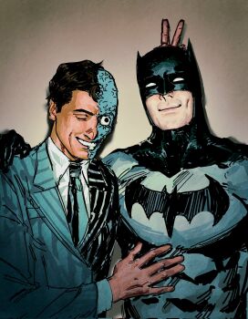 2boys bat_mask batman batman_(series) batman_symbol bodysuit dc_comics formal_clothes grey_bodysuit highres male_focus multicolored_bodysuit multiple_boys smile split_theme superhero_costume taut_bodysuit two-face two-tone_bodysuit zoherefornow