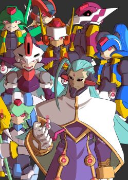 Rule 34 | 2girls, 6+boys, aeolus (mega man), armor, atlas (mega man), biometal, black sclera, blue armor, blue hair, blue helmet, colored sclera, commentary, derivative work, english commentary, essai, green armor, green hair, green helmet, group picture, helmet, highres, long hair, master albert (mega man), mega man (series), mega man zero (series), mega man zero 3, mega man zx, mega man zx advent, model f (mega man), model h (mega man), model l (mega man), model p (mega man), model w (mega man), multiple boys, multiple girls, omega (mega man), orange armor, orange helmet, pandora (mega man), prometheus (mega man), purple armor, purple helmet, purple robe, red armor, red eyes, red helmet, robe, siarnaq (mega man), thetis (mega man), trait connection, white armor, white helmet