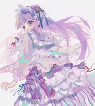 1girl alternate_costume blue_ribbon blunt_bangs bow character_name commentary_request cowboy_shot dress frilled_dress frilled_hairband frills hair_ribbon hairband lolita_fashion long_hair long_sleeves looking_at_viewer one-hour_drawing_challenge patchouli_knowledge purple_bow purple_eyes purple_hair purple_hairband red_ribbon ribbon shinjitsu_no_kuchi simple_background solo touhou very_long_hair white_background white_dress