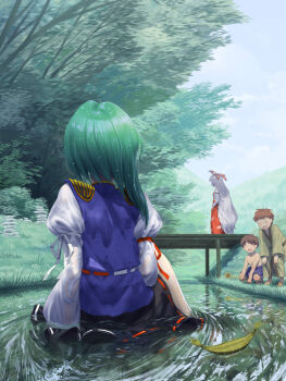 2boys 2girls asymmetrical_hair black_skirt blue_vest bow brown_hair commentary_request fujiwara_no_mokou green_hair hair_bow hands_in_pockets highres juliet_sleeves long_hair long_sleeves medium_hair multiple_boys multiple_girls ofuda ofuda_on_clothes outdoors pants puffy_sleeves red_pants ribbon-trimmed_skirt ribbon_trim shiki_eiki shinburu shirt short_hair sitting skirt sky standing touhou tree vest wading white_hair white_shirt