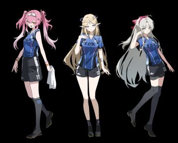 3girls absurdres ahoge black_background black_shoes black_shorts black_socks blonde_hair blue_shirt bow breasts carlotta_(wuthering_waves) cartethyia_(wuthering_waves) commentary_request crown_of_thorns grey_hair guest_art hair_bow hair_intakes hand_up highres hisiya_(wldn1112) kneehighs korean_commentary long_hair looking_at_viewer lupa_(wuthering_waves) medium_breasts multiple_girls open_mouth parted_bangs pink_bow pink_hair pointy_ears shirt shoes shorts sidelocks simple_background soccer_uniform socks sportswear tacet_mark_(wuthering_waves) twintails wuthering_waves yellow_eyes