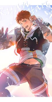 1boy absurdres against_fourth_wall blush brown_eyes brown_hair brown_pants character_name clenched_hand commentary cowboy_shot cyphers drawstring embarrassed highres male_focus midriff_peek open_mouth pants ryan_hart_(cyphers) short_hair solo uoongpig