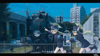 2girls absurdres armband black_boots black_jacket black_shorts black_skirt black_tail blue_archive blue_armband blue_sky boots building city commentary demon_tail green_hair green_halo halo hat highres hikari_(blue_archive) holding_hands jacket letterboxed locomotive long_hair long_sleeves multiple_girls nozomi_(blue_archive) open_mouth outdoors pantyhose paper_box peaked_cap photo_background pointing pointing_forward pointy_ears ring_of_light_(blue_archive) running shirt shorts siblings signature sisters skirt sky smile tail train twins twintails untranslatable_commentary white_pantyhose yellow_eyes