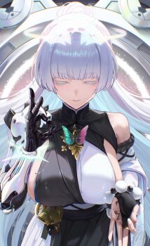 1girl bare_shoulders blunt_bangs breasts closed_eyes closed_mouth commentary_request goddess_of_victory:_nikke halo highres large_breasts long_hair mechanical_arms mechanical_hands mole mole_on_breast nayuta_(nikke) ponytail sideboob single_mechanical_arm single_mechanical_hand solo upper_body white_hair yamaneko_(tkdrumsco)