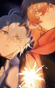 Rule 34 | 2boys, absurdres, antenna hair, black sweater, blonde hair, blue eyes, braid, commentary, facial tattoo, fireworks, gradient hair, highres, holding, holding fireworks, honkai: star rail, honkai (series), jianlu389, looking at another, male focus, medium hair, multicolored hair, multiple boys, mydei (honkai: star rail), night, parted bangs, parted lips, phainon (honkai: star rail), red hair, red scarf, red tattoo, scarf, short hair, side braid, sky, sparkler, sweater, symbol-only commentary, tattoo, white hair, yellow eyes