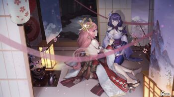 2girls absurdres artist_name back backless_outfit bad_id bad_pixiv_id bare_shoulders barefoot bottle breasts bridal_gauntlets cherry_blossoms cleavage cup detached_sleeves earrings flower from_behind full_body genshin_impact gins_hanee hair_ornament half-closed_eyes hand_up highres holding holding_cup index_finger_raised indoors japanese_clothes jewelry kimono lantern large_breasts long_hair looking_at_viewer looking_back multiple_girls night nontraditional_miko off_shoulder okobo paper_lantern parted_bangs parted_lips petals pink_hair platform_sandals purple_eyes purple_hair purple_kimono raiden_shogun sake_bottle sandals seductive_smile seiza sideboob sitting sliding_doors smile toes tokkuri very_long_hair wide_sleeves yae_miko