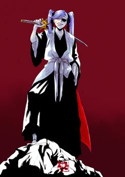 1girl absurdres black_hakama black_kimono bleach bleach:_sennen_kessen-hen corpse eyepatch hakama hand_in_pocket haori headband highres holding holding_sword holding_weapon japanese_clothes ken'ichi_(ken1ro_u) kimono looking_at_viewer obi over_shoulder pile_of_corpses purple_eyes purple_hair red_background saitou_furoufushi sash shihakusho sword tabi taichou_haori tongue tongue_out twintails two-sided_fabric weapon weapon_over_shoulder white_haori wide_sleeves