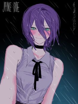 1girl black_choker black_ribbon blush breasts chainsaw_man choker closed_mouth green_eyes grey_shirt highres neck_ribbon purple_hair reze_(chainsaw_man) ribbon shirt sleeveless sleeveless_shirt small_breasts smile solo thelordofhe4ven wet wet_clothes wet_hair