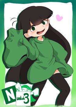 1girl absurdres animification black_hair black_thighhighs character_name codename:_kids_next_door commentary_request dress green_eyes green_sweater heart highres hiyoko_setto long_hair numbuh_3 open_mouth short_dress sleeves_past_fingers sleeves_past_wrists smile solo sweater sweater_dress thighhighs very_long_hair
