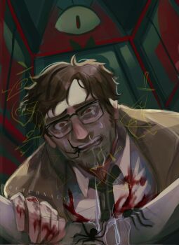 Rule 34 | 1boy, bags under eyes, beard stubble, bill cipher, black necktie, blood, blood splatter, brown hair, bug, close-up, coat, collared shirt, commentary, crying, crying with eyes open, english commentary, facial hair, ford pines, furrowed brow, gravity falls, highres, indoors, insect in mouth, male focus, n0cturnalcm, necktie, red pupils, shirt, short hair, spider, stubble, tears, toilet, vomiting, white shirt, yellow coat