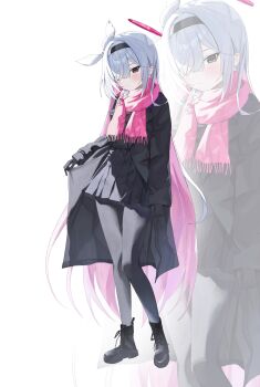 Rule 34 | 1girl, absurdly long hair, absurdres, alternate costume, black boots, black gloves, black hairband, black pantyhose, black skirt, blue archive, boots, closed mouth, colored inner hair, commentary request, full body, gloves, grey hair, hair over one eye, hairband, halo, highres, long hair, long sleeves, looking at viewer, multicolored hair, pantyhose, pink hair, pink scarf, plana (blue archive), rosu 1109, scarf, simple background, skirt, solo, standing, very long hair, white background