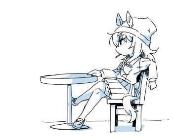 1girl animal_ears beanie beer_hsk bow chair commentary_request crossed_legs ears_through_headwear hair_between_eyes hat horse_ears horse_girl horse_tail long_sleeves monochrome nakayama_festa_(umamusume) on_chair pleated_skirt profile puffy_long_sleeves puffy_sleeves school_uniform shirt shoes simple_background sitting skirt solo table tail thighhighs tracen_school_uniform umamusume white_background