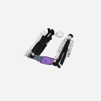 1girl 2boys absurdres animal biyoo_(omniscient_reader's_viewpoint) black_coat black_hair black_shirt coat commentary denim english_commentary full_body han_sooyoung highres hood hoodie jeans kim_dokja lp_(sangkuranak) lying multiple_boys no_eyes omniscient_reader's_viewpoint on_back pants purple_hoodie shadow shirt short_hair square white_coat yoo_joonghyuk