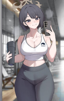 1girl absurdres black_eyes black_hair black_pants blue_archive bottle breasts cellphone commentary gym halo high-waist_pants highres hiromi_(blue_archive) holding holding_bottle holding_phone indoors kurochomo mirror pants phone short_hair smartphone smile solo sports_bra taking_picture tumbler white_sports_bra yoga_pants