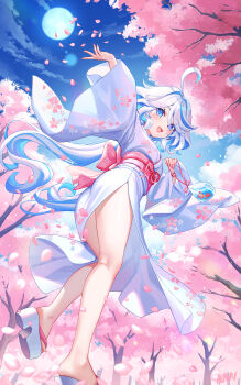 1girl :d absurdres ahoge alternate_costume bare_legs blue_eyes blue_hair blue_pupils blush cherry_blossoms cloud drop-shaped_pupils falling_petals feet fingernails floral_print floral_print_kimono full_body full_moon furina_(genshin_impact) genshin_impact hair_between_eyes heterochromia highres holding japanese_clothes kimono lalazyt legs long_hair looking_at_viewer looking_back looking_down moon multicolored_hair night obi open_mouth outdoors outstretched_arm petals pink_sash platform_clogs print_kimono sandals sash sky smile solo streaked_hair symbol-shaped_pupils toes very_long_hair white_hair white_kimono
