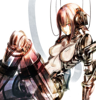1girl android arm_support breasts cable commentary_request facial_mark hair_between_eyes joints knee_up looking_at_viewer mechabare mechanical_arms mechanical_legs medium_breasts navel no_pupils original reclining red_eyes red_hair robot_joints short_hair sidelocks solo sushi_(sashimise) white_background