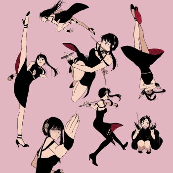 1girl anklet axe_kick bare_shoulders between_fingers black_boots black_dress black_eyes black_hair black_shoes boots breasts cleavage commentary_request dagger dress falling fighting_stance flower gold_hairband hair_flower hair_ornament hairband high_heels high_kick highres holding holding_dagger holding_knife holding_weapon jewelry kicking knife knives_between_fingers medium_breasts mouth_hold multiple_views pink_background red_eyes shaded_face shoes short_hair short_hair_with_long_locks sidelocks simple_background spy_x_family squatting sweatdrop tarutaruso3 thigh_boots throwing weapon weapon_in_mouth worried yor_briar