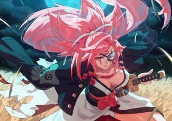 1girl arc_system_works baiken breasts cleavage eyepatch guilty_gear highres long_hair pink_hair solo sword weapon yagi2105