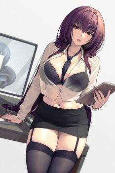 1girl absurdres black_skirt breasts cleavage collared_shirt computer computer_keyboard computer_mouse desk dress_shirt dynamitenatalia fate/grand_order fate_(series) highres large_breasts long_hair long_sleeves looking_at_viewer monitor office_lady pencil_skirt purple_hair red_eyes scathach_(fate) shirt skirt solo thighhighs thighs white_shirt
