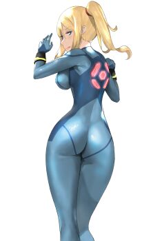 1girl ass ass_focus blonde_hair blue_bodysuit blue_eyes bodysuit breasts covered_erect_nipples female_focus gloves high_ponytail highres impossible_bodysuit impossible_clothes j@ck long_hair looking_at_viewer metroid mole mole_under_mouth nintendo open_mouth ponytail samus_aran shiny_clothes simple_background skin_tight solo super_smash_bros. white_background zero_suit