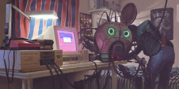1boy bookshelf cable computer computer_keyboard computer_mouse crt denim floppy_disk from_behind glowing green_shirt highres indoors jeans lamp monitor pants robot science_fiction shirt simon_stalenhag standing table the_prodigy things_from_the_flood