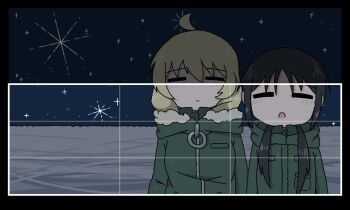 Rule 34 | 2girls, :o, :|, = =, ahoge, black border, black eyes, black hair, blonde hair, border, chito (shoujo shuumatsu ryokou), closed eyes, closed mouth, coat, emesan desu, expressionless, fur-trimmed jacket, fur trim, green coat, hashtag-only commentary, hood, hood down, hooded jacket, horizon, jacket, long hair, low twintails, meme, military uniform, multiple girls, night, outdoors, parted lips, shoujo shuumatsu ryokou, sky, snow, standing, star (sky), starry sky, twintails, twitter header won't fit (meme), upper body, yuuri (shoujo shuumatsu ryokou)