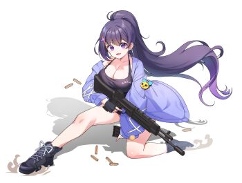 1girl absurdres ammunition black_shoes black_tank_top breasts bright_pupils character_request cleavage collarbone commentary_request copyright_request full_body gun hair_ornament heart heart-shaped_pupils high_ponytail highres holding holding_gun holding_magazine_(weapon) holding_weapon jacket kopeolgi korean_commentary large_breasts long_hair looking_at_viewer magazine_(weapon) on_one_knee open_clothes open_jacket open_mouth ponytail purple_eyes purple_hair purple_jacket shadow shoes simple_background smile solo symbol-shaped_pupils tank_top very_long_hair virtual_youtuber weapon weapon_request white_background white_pupils x_hair_ornament