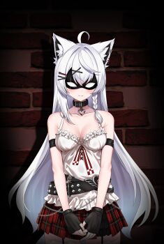 1girl absurdres ahoge alternate_costume animal_ear_fluff animal_ears arm_strap belt black_collar black_gloves blush braid collar commentary cosplay earrings eye_mask fingerless_gloves fox_ears fox_girl fox_tail gloves hair_between_eyes hair_ornament hairclip highres hololive jewelry kumarang long_hair looking_at_viewer mask plaid_clothes plaid_skirt pleated_skirt red_skirt sakamata_chloe sakamata_chloe_(1st_costume) sakamata_chloe_(cosplay) shirakami_fubuki shirt sidelocks single_braid skirt sleeveless sleeveless_shirt smile solo tail virtual_youtuber wall white_hair white_shirt
