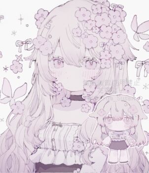 1girl chibi chibi_inset choker commission dress flower hair_flower hair_ornament highres lilium_susan long_hair looking_at_viewer multiple_views original short_dress skeb_commission upper_body watermark