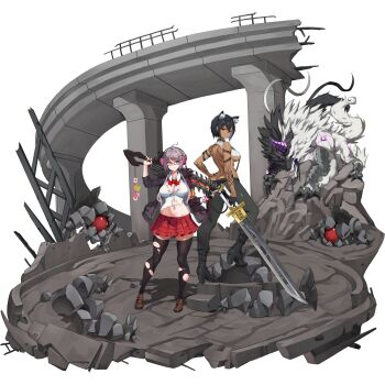 2girls ahoge animal_ear_fluff animal_ears aqua_eyes arm_pouch arm_tattoo armor ass backless_shirt belt black_belt black_boots black_collar black_fur black_hair black_jacket black_pants black_thighhighs boots bow bowtie breasts breasts_apart brown_shoes butt_crack cellphone chainsaw chainsword charm_(object) checkered_clothes checkered_skirt claws closed_mouth collar collared_shirt crop_top dark-skinned_female dark_skin dog_ears dog_girl donut fangs flower food frog full_body fur-trimmed_jacket fur_trim glasses hair_between_eyes hair_ornament hairclip hand_on_own_hip haru_estia headphones heart high_heel_boots high_heels highres holding holding_phone holding_sword holding_weapon horns impossible_clothes impossible_shirt jacket large_breasts last_origin leg_up legs_apart linea_alba listening_to_music long_hair looking_at_viewer looking_back looking_to_the_side mary_janes median_furrow miniskirt monster multiple_girls muscular muscular_female navel non-web_source official_alternate_costume official_alternate_eye_color official_alternate_hair_color official_alternate_hair_length official_alternate_hairstyle official_alternate_skin_color official_art on_rock open_clothes open_jacket pants patch phone pink_flower plate_armor pleated_skirt purple_hair purple_horns rectangular_eyewear red-framed_eyewear red_bow red_bowtie red_eyes red_skirt ribbed_shirt rubble ruins shirt shoes short_hair shoulder_blades sideboob sidelocks single_horn skindentation skirt sleeveless sleeveless_shirt smartphone smile soulworker spiked_collar spikes standing steel_beam sword sword_on_back tachi-e tattoo thighhighs torn_clothes torn_shirt torn_thighhighs transparent_background two-tone_fur u-rix vargr_(last_origin) weapon weapon_on_back white_fur white_shirt wolf zettai_ryouiki