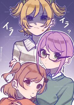 3girls :t ? absurdres aijou_karen anger_vein angry black-framed_eyewear blonde_hair blush breasts brown_eyes chocomint_1031 closed_mouth collared_shirt commentary_request crown_hair_ornament daiba_nana gradient_background green_eyes green_ribbon green_sweater grey_sweater hair_ornament hair_ribbon hairclip hand_on_another's_back hand_on_own_arm hand_up head_on_chest highres hoshimi_junna jealous long_hair long_sleeves looking_at_viewer looking_to_the_side low_ponytail medium_breasts multiple_girls one_side_up orange_sweater outline ponytail purple_background purple_hair ribbon semi-rimless_eyewear shaded_face shirt short_hair short_twintails shoujo_kageki_revue_starlight striped_clothes striped_sweater sweater translated twintails twitter_username under-rim_eyewear v-shaped_eyebrows watermark white_outline yuri