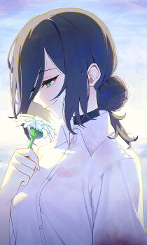 1girl absurdres aqua_eyes black_choker black_hair blood blood_on_clothes chainsaw_man choker closed_mouth collared_shirt flower hair_bun highres holding holding_flower morning outdoors reze_(chainsaw_man) sbgu shirt smile solo wet wet_hair white_flower white_shirt