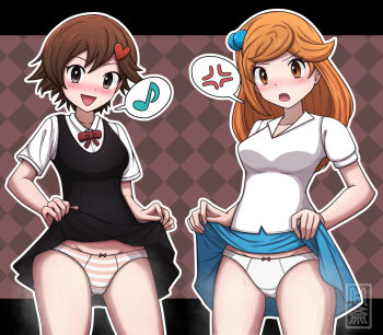 2girls black_shirt blush brown_hair cameltoe clothes_lift commission cowboy_shot hair_bobbles hair_ornament hairclip hakusai_(user_nkkd7242) lass_(pokemon) lass_(pokemon_frlg) lass_(pokemon_hgss) multiple_girls nintendo open_mouth orange_hair panties pokemon pokemon_frlg pokemon_hgss shirt skeb_commission skirt skirt_lift standing striped_clothes striped_panties swept_bangs underwear white_shirt