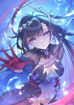 1girl absurdres air_bubble artist_name black_hair black_shrug blue_hair breasts bubble cleavage colored_inner_hair commentary_request floating_hair gloves hair_ornament highres honkai:_star_rail honkai_(series) hysilens_(honkai:_star_rail) large_breasts long_hair looking_at_viewer mercury_jc multicolored_hair parted_lips purple_eyes reaching reaching_towards_viewer red_gloves shrug_(clothing) solo underwater upper_body very_long_hair