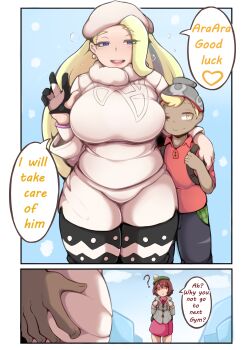 1boy 2girls 2koma ? absurdres age_difference ara_ara ass backpack bag blonde_hair blue_eyes breasts brown_eyes brown_hair cardigan comic dark-skinned_male dark_skin dress earrings english_text engrish_text eyes_visible_through_hair flying_sweatdrops gloria_(pokemon) gloves grabbing_another&#039;s_ass grabbing_from_behind grey_cardigan groping gym_leader hat heavy_breathing highres jewelry large_breasts long_hair long_sleeves looking_at_another mature_female melony_(pokemon) multiple_girls nintendo pantyhose pantyhose_under_shorts partially_fingerless_gloves pink_dress plump pokemon pokemon_swsh ranguage reach-around shinolara shorts shota size_difference speech_bubble stealth_ass_grab sweater tam_o&#039;_shanter two-tone_gloves very_long_hair victor_(pokemon) white_shorts white_sweater yellow_eyes