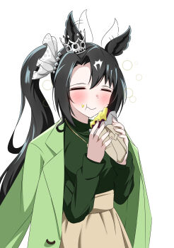 Rule 34 | 1girl, = =, absurdres, abyss kpn (ki), animal ears, black hair, brown skirt, ear wiggle, food, green jacket, green sweater, hair between eyes, highres, holding, holding food, horse ears, horse girl, jacket, jacket on shoulders, jewelry, long sleeves, multicolored hair, necklace, official alternate costume, satono crown (umamusume), simple background, skirt, smile, solo, streaked hair, sweater, sweet potato, umamusume, white background, white hair