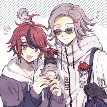 2boys :d ahoge aotsuki_eito bag black_gloves black_hair blue_bag blue_eyes blue_jacket character_doll closed_eyes closed_mouth commentary doll drawstring food-themed_hair_ornament gesshoku3 gloves grey_hair grey_jacket hair_ornament high_collar highres holding holding_doll hood hood_down hooded_jacket hoodie jacket jacket_over_hoodie long_sleeves male_focus multicolored_hair multicolored_jacket multiple_boys musical_note notice_lines open_clothes open_jacket open_mouth rabbit_hair_ornament red_hair short_hair smile streaked_hair sumino_takumi sunglasses teeth the_hundred_line_-last_defense_academy- tomato_hair_ornament two-tone_hair two-tone_jacket upper_teeth_only white_hoodie zipper_pull_tab