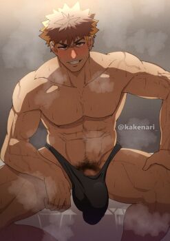 1boy abs bara bikini_briefs black_male_underwear blue_lock blush censored commentary_request grin kakenari kunigami_rensuke large_pectorals looking_at_viewer male_focus male_pubic_hair male_underwear mosaic_censoring muscular muscular_male navel navel_hair nipples orange_hair pectorals penis penis_base penis_peek pubic_hair short_hair sitting smile solo steaming_body sweat topless_male twitter_username underwear variant_set veins