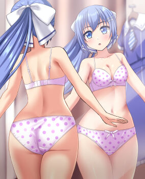 1girl :o absurdres ass back blue_eyes blue_hair blurry blurry_background blush bow bow_bra bow_panties bra breasts cleavage commentary_request commission crotch_seam depth_of_field fitting_room hair_ornament hair_ribbon hairclip highres indoors lace lace-trimmed_bra lace-trimmed_panties lace_trim looking_at_viewer navel original panties partial_commentary pixiv_commission polka_dot polka_dot_bra polka_dot_panties ponytail purple_bra purple_panties reflection ribbon school_uniform small_breasts solo standing underwear underwear_only unworn_clothes white_ribbon zanntetu