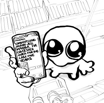 1girl 1other book cellphone english_text from_above highres holding holding_phone looking_at_viewer looking_up mangadex on_stool original phone shoes smartphone solo_focus standing stool typo yunkey